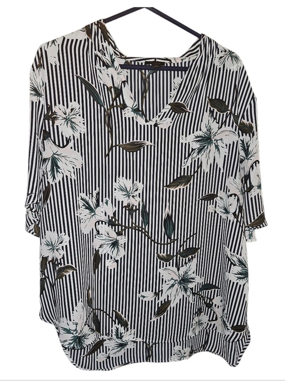 Ann Taylor XL Floral Striped V-Neck Blouse Pink Black White Boho Chic Top EUC - Picture 11 of 17